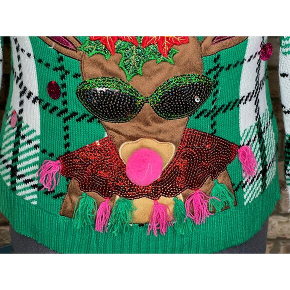 Celebrate together ugly christmas sweater reindeer rudolph plaid red green pink - Picture 3 of 11